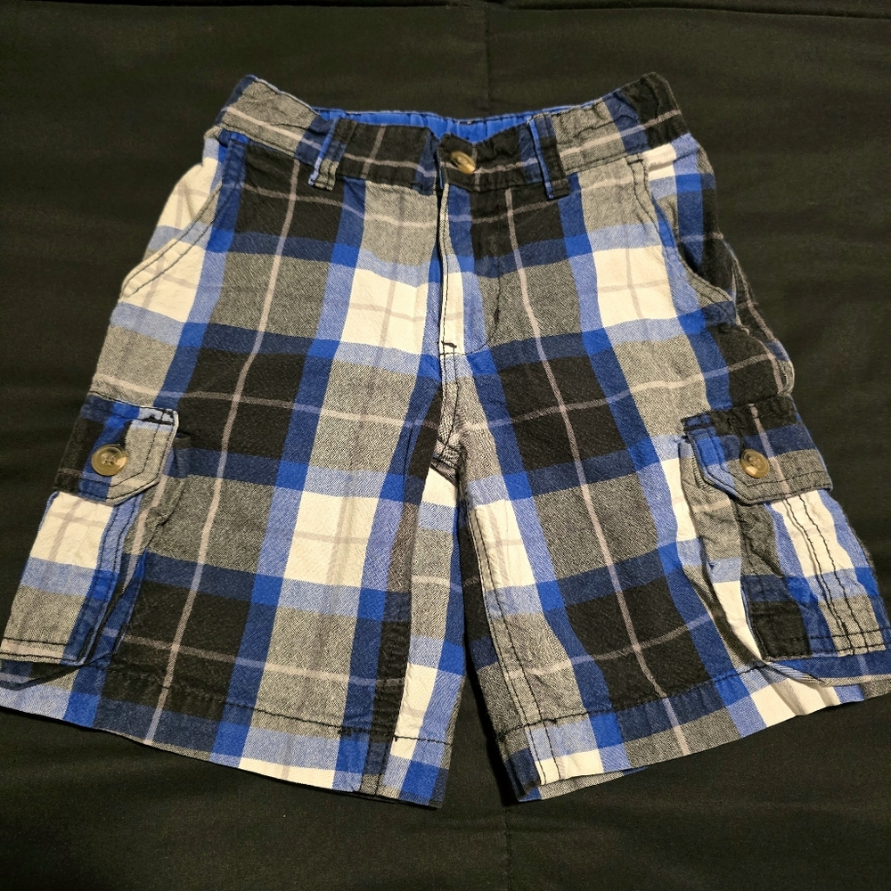 Faded Glory Boy's Adjustable Plaid Cargo Shorts‎ Blue Black White Size 5 XS